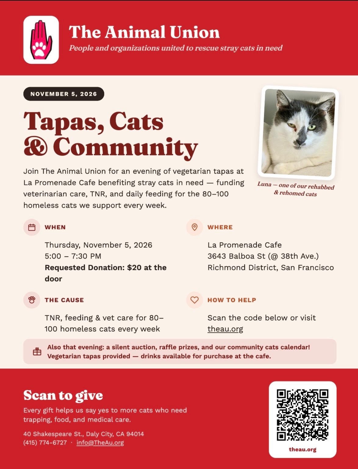 The Animal Union's Tapas, Cats and Community celebration flyer