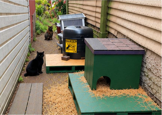Cleaned habitat with protected cat shelters after intervention